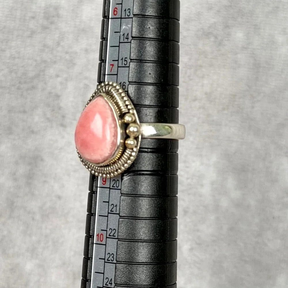 Sterling Silver Pink Rhodochrosite Pear Teardrop Beaded BOHO Ring Size 8